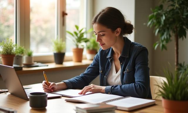 Trabajador autónomo revisando papeles en su escritorio